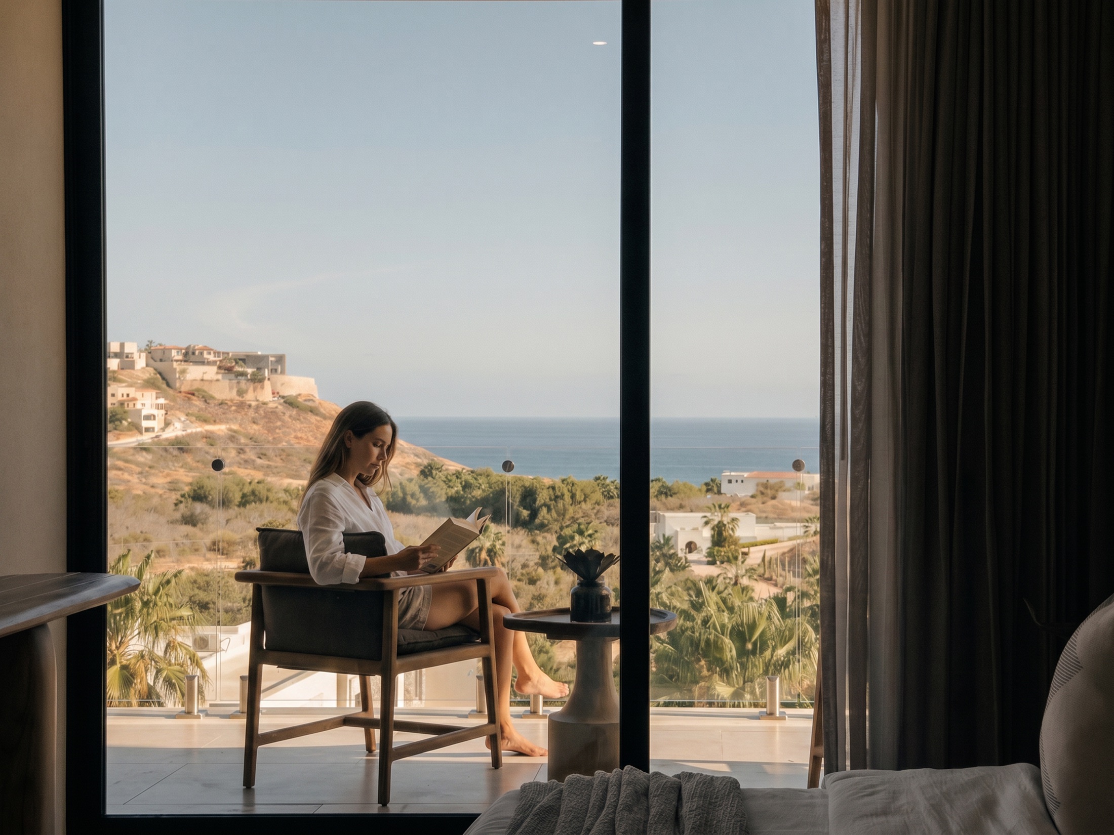 Mujer leyendo frente a la vista real del condo muestra